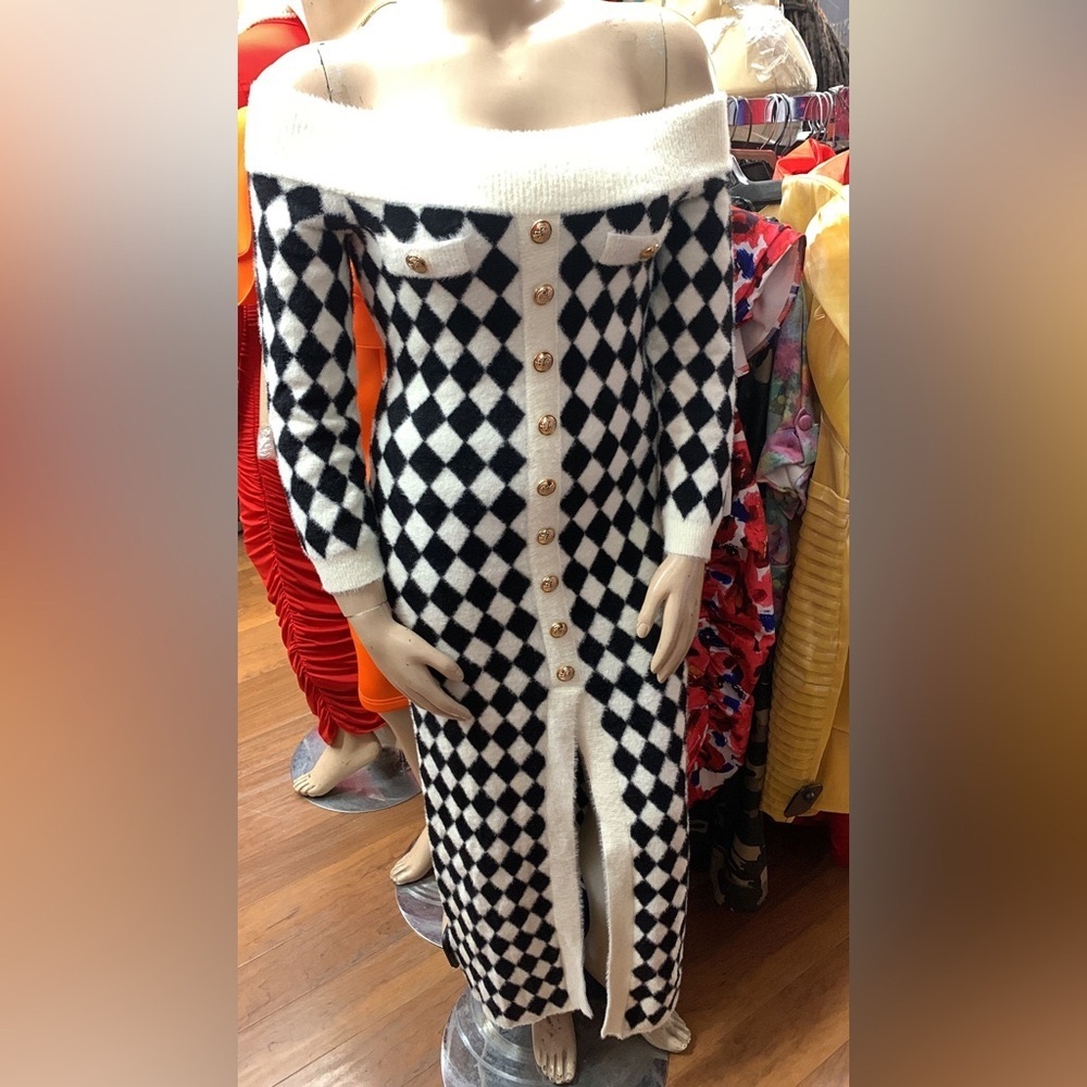White And Black Off the Shoulder Mini Checkered Dress - Picture 2 of 5